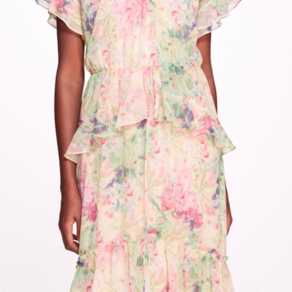 Marchesa Floral Ruffle Midi Dress